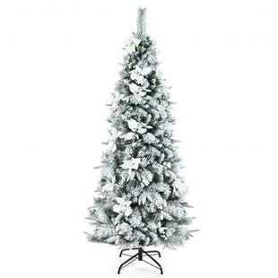 StarWood Rack Home & Garden Snow Flocked Christmas Pencil Tree with Berries and Poinsettia Flowers-6 ft